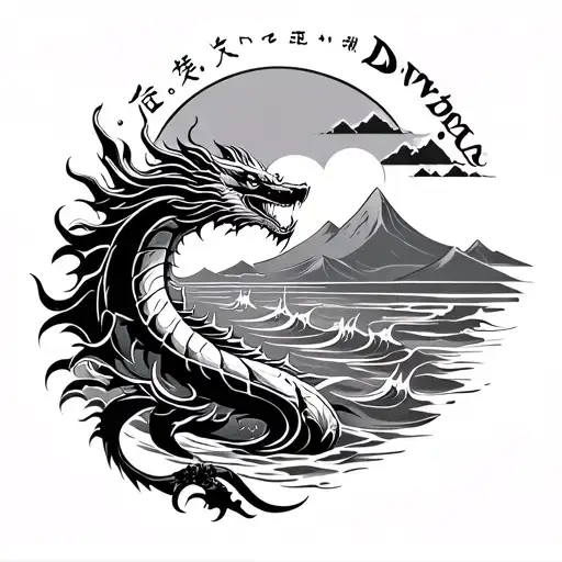 a Japanese style lien worn tattoo with a dragon, a little water, a sun, a mountain and the name Devontae in  tattoo design idea