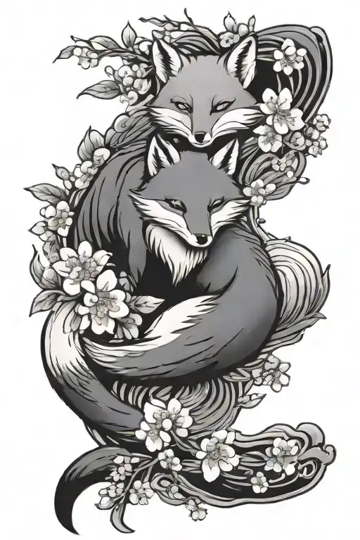 fox inside omamori talisman cherry blossom around tattoo design idea