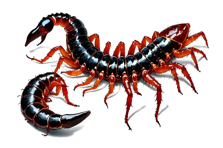 black centipede with red legs a damaged shell pattern crawling from wrist all the way up to chest with spider lillys tattoo design idea
