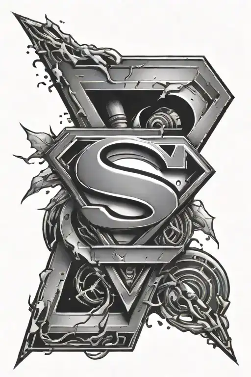 Superman logo in cyber sigillism with the number 90  and the number 7  tattoo design idea