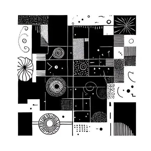 Classic patterns of Kandinsky (free curve to the point), Nazca geoglyphs and gold cities medallion tattoo design idea