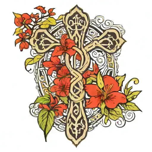 Ankh with Chinese red tree flowers with the  ॐ worked in tattoo design idea