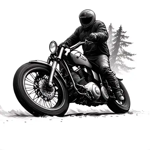A detailed black and grey tattoo of a motorcycle speeding through a dark and mysterious forest inspired by Stephen King's Dark Tower series tattoo design idea