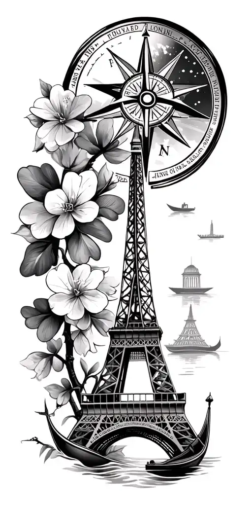 compass rose, tower of london, irish clover, cherry tree blossom, eiffel tower, roman colleseum, venetian gondolas tattoo design idea