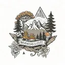 The word wanderlust along with mountains, trees and Buddhist flags tattoo design idea
