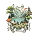 The word wanderlust along with mountains, trees and Buddhist flags tattoo design idea