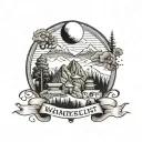 The word wanderlust along with mountains, trees and Buddhist flags tattoo design idea