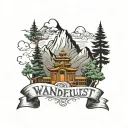 The word wanderlust along with mountains, trees and Buddhist flags tattoo design idea