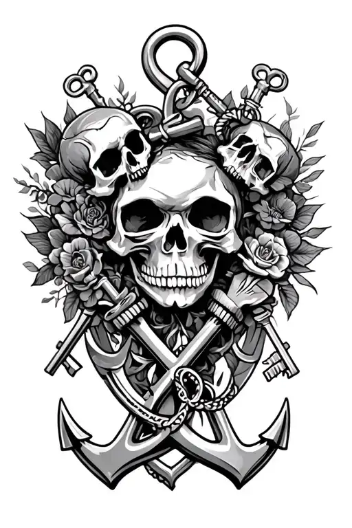 meaningful wife dedication with skulls, anchors, and keys tattoo design idea