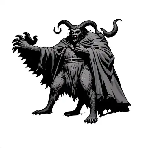 krampus in cloak Full body standing tattoo design idea