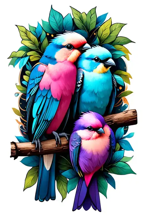 3 love birds perched on a stick. one blue, one pink and one purple tattoo design idea