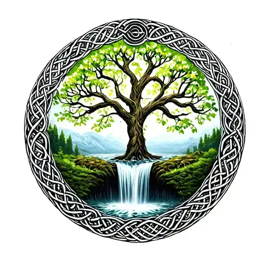 Celtic Tree Of Life w a waterfall at the base surrounded by a ring of Celtic knots tattoo design idea