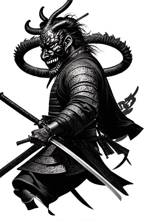 photo realistic ronin samurai with an oni mask tattoo design idea