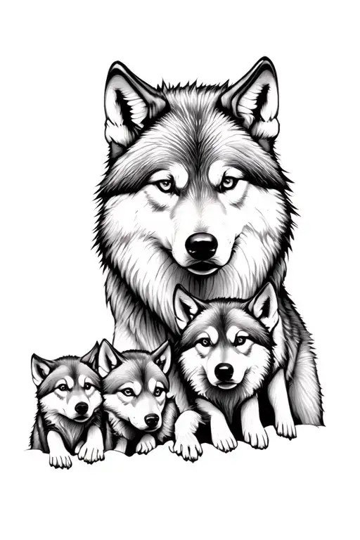 "A minimalistic black ink tattoo design featuring a protective wolf surrounded by three wolf cubs. The composition empha tattoo design idea