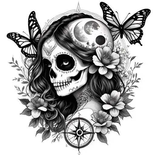 day of dead girl with part of skull face, butterflies, flowers, moon, compass tattoo design idea
