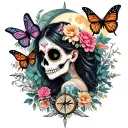 day of dead girl with part of skull face, butterflies, flowers, moon, compass tattoo design idea