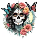 day of dead girl with part of skull face, butterflies, flowers, moon, compass tattoo design idea