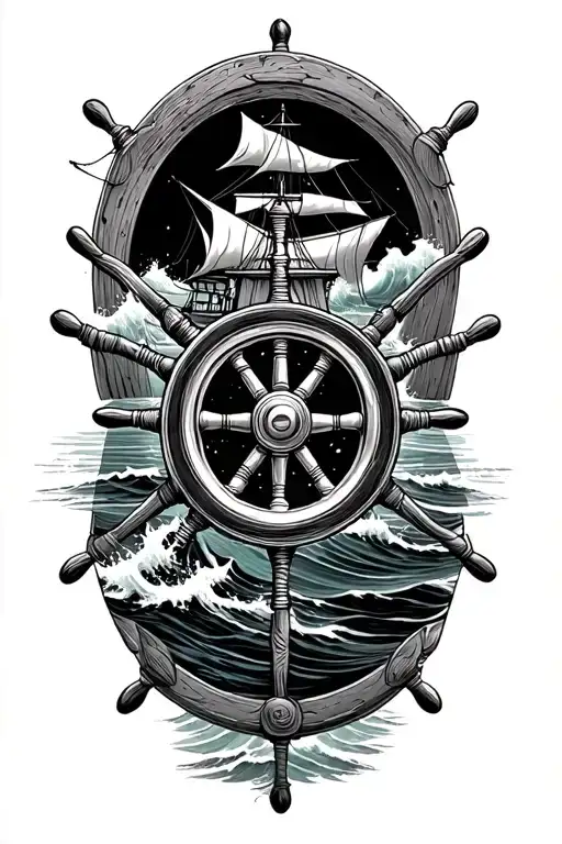 "black and white" ship steering wheel surrounded by waves tattoo design idea