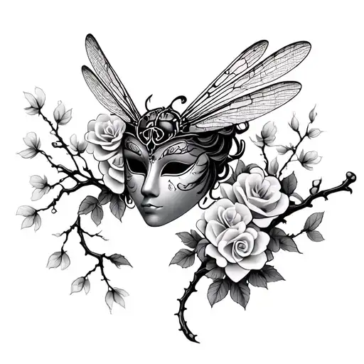 gothic mask, dragonfly with roses and cherry blossom tree tattoo design idea