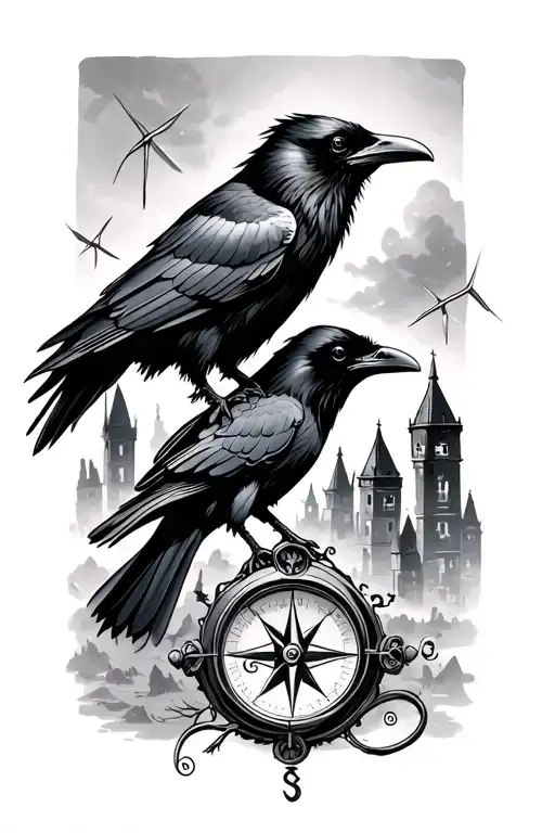 raven, compass, and buildings in the background with windbars tattoo design idea