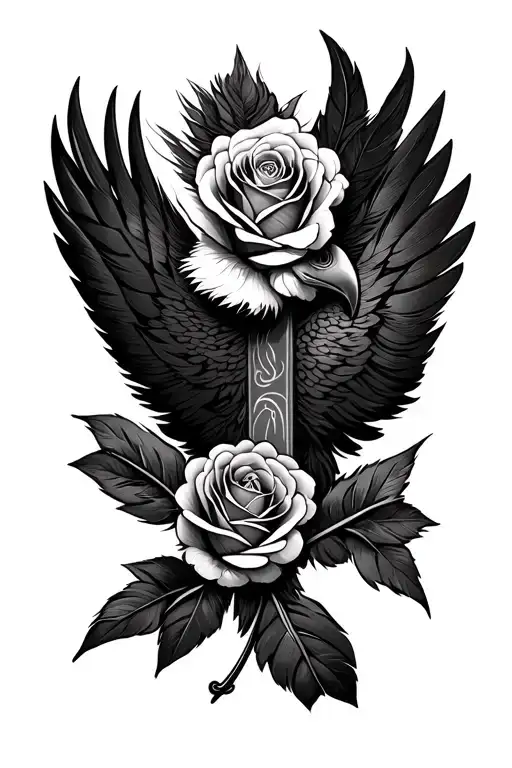roses eagle feather cross intertwined tattoo design idea