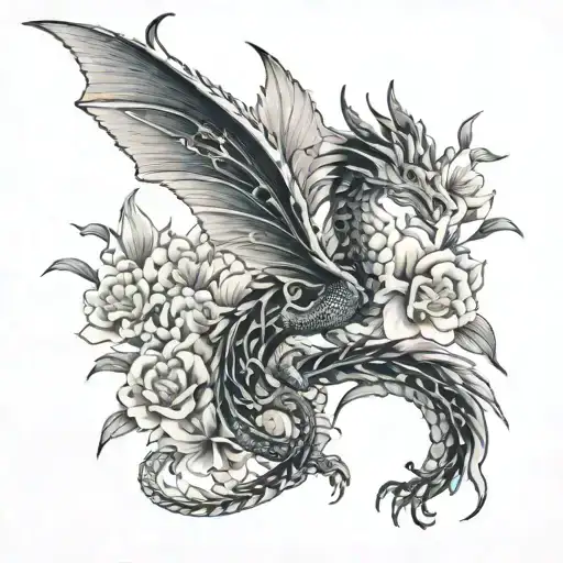 carnation, snowdrop, primrose, violet, feminine dragon flying tattoo design idea