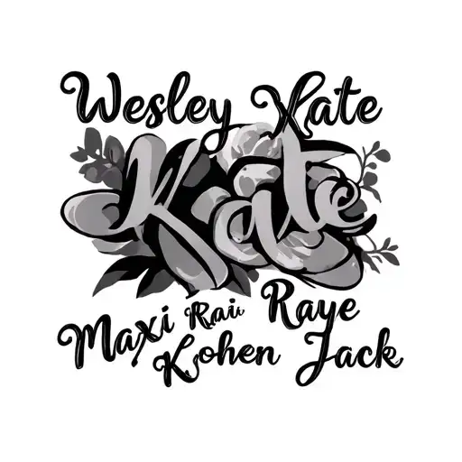 "Wesley Kate Maxi Raye Kohen " "Wesley Kate, Maxi Raye, Kohen Jack " kids names tattoo design idea