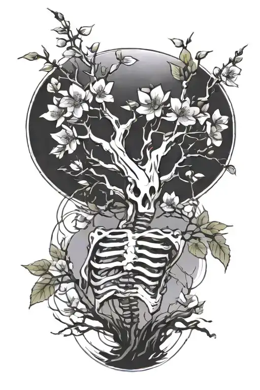 cherry blossom tree connecting to skeleton arms touching fingers  tattoo design idea