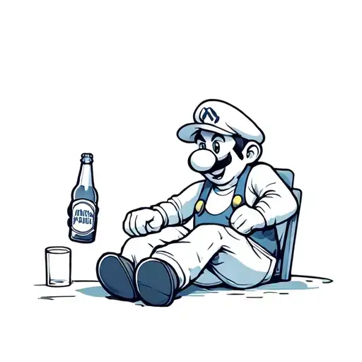 mario sitting down with a beer bottle in hand tattoo design idea