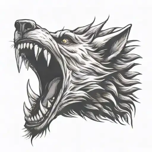 facing right tilted downwards werewolf hybrid  humanoid screaming fangs expressing deep pain and rage detail expression tattoo design idea