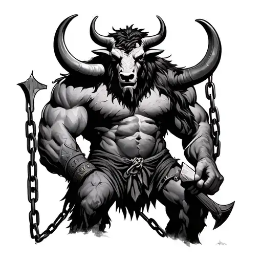 Minotaur with broken chains holding hatchet tattoo design idea
