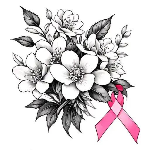 black and white weeping cherry blossom, snowdrop flower and peony flower tattoo with a pink breast cancer ribbon  tattoo design idea