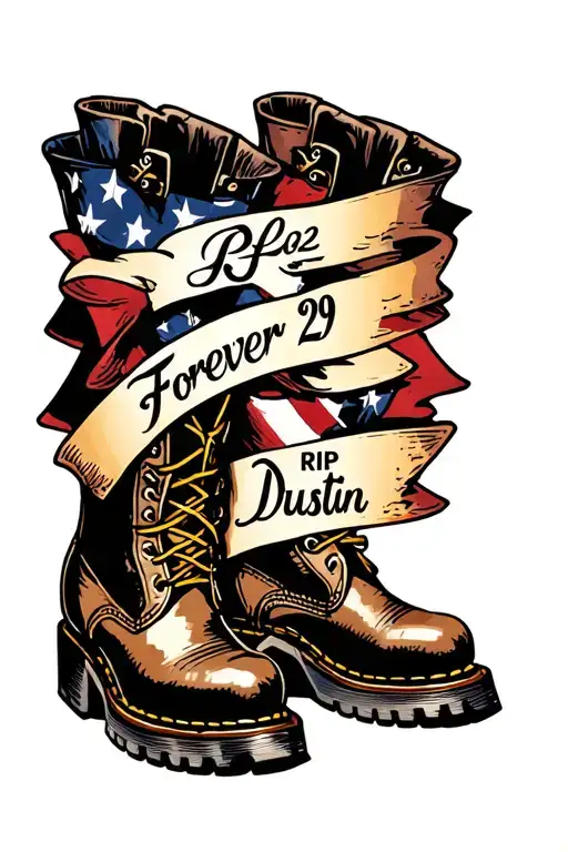 cross and boots with "Forever 29" and "RIP Dustin" in a ribbon tattoo design idea