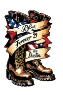 cross and boots with "Forever 29" and "RIP Dustin" in a ribbon tattoo design idea