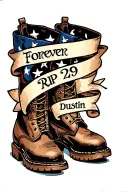 cross and boots with "Forever 29" and "RIP Dustin" in a ribbon tattoo design idea