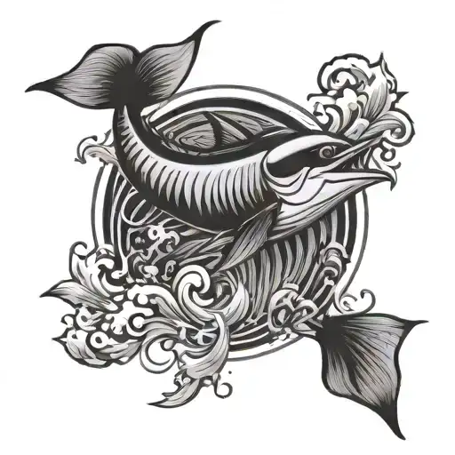 A stylized black and grey portrait of a marlin with waves and Japanese script of 'freedom' swirling around it, capturing the essence of the client's passions tattoo design idea
