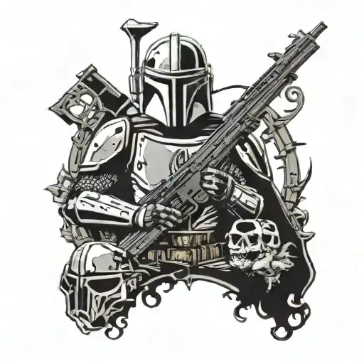 mandalorian surrounded by guns tattoo design idea