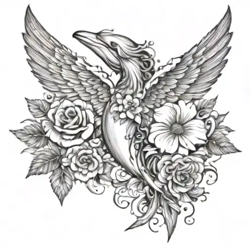 a horizontal angel wing that has flowers on it then a space leading to a dolphin that also has flowers on it girly tattoo design idea