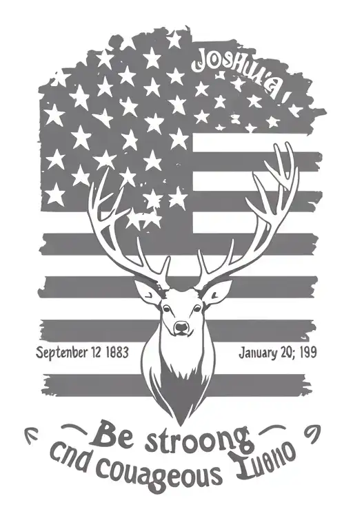 Whitetail deer, American flag with dates September 12 1983 and January 20 1982 and be strong and courageous Joshua 1:9 tattoo design idea
