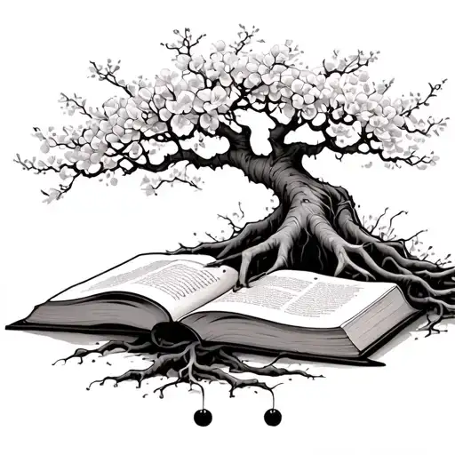 cherry blossom tree and roots coming out a book open tattoo design idea