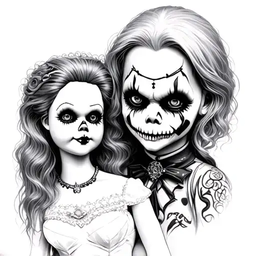portrait of the killer doll chucky and his bride tattoo design idea