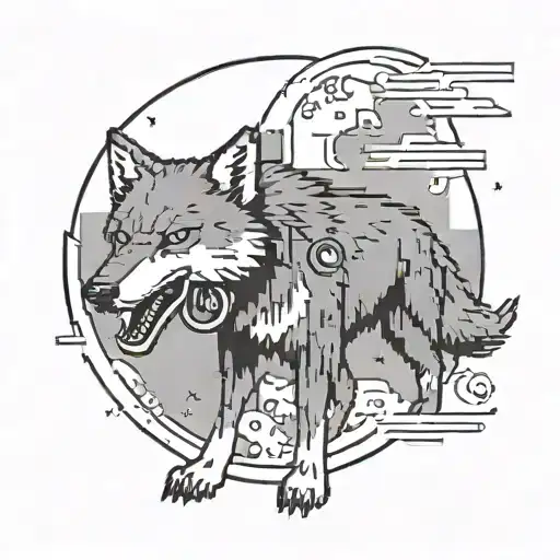 A pixelated wolf howling at a Playstation controller in the shape of a moon tattoo design idea