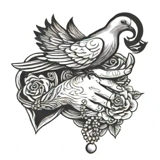 prayer hands holding rosary and dove tattoo design idea
