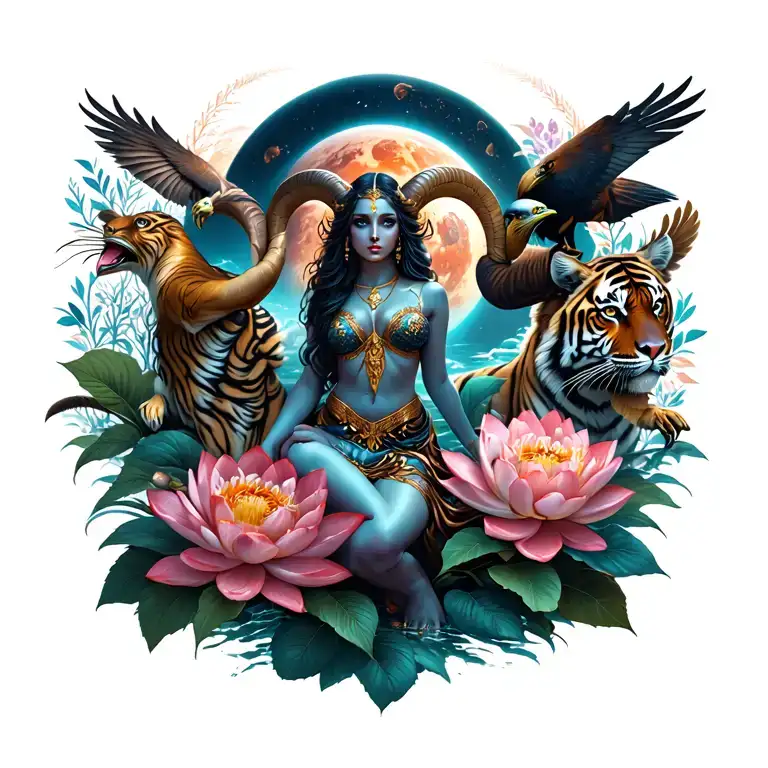 sexy aries goddess surrounded by lotus and peony flowers growing with a tiger and a hawk with mars in the background tattoo design idea