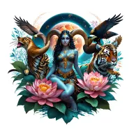 sexy aries goddess surrounded by lotus and peony flowers growing with a tiger and a hawk with mars in the background tattoo design idea