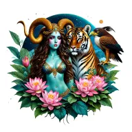 sexy aries goddess surrounded by lotus and peony flowers growing with a tiger and a hawk with mars in the background tattoo design idea
