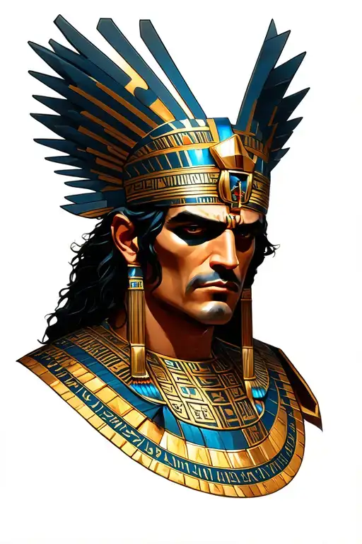 Egyptian inspired Alucard from castlevania with hieroglyphics and incorporate elements of Egyptian pyramids and anhks. tattoo design idea