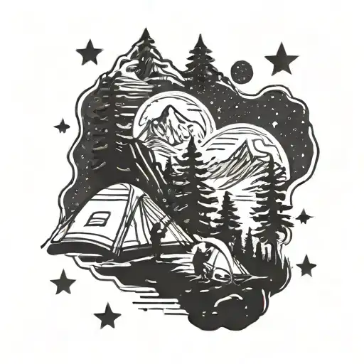 A silhouette of a family camping under the stars, with a mountain backdrop tattoo design idea