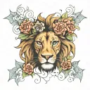 Half lion face morphing into flowers with birthdates  tattoo design idea