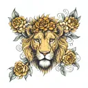 Half lion face morphing into flowers with birthdates  tattoo design idea